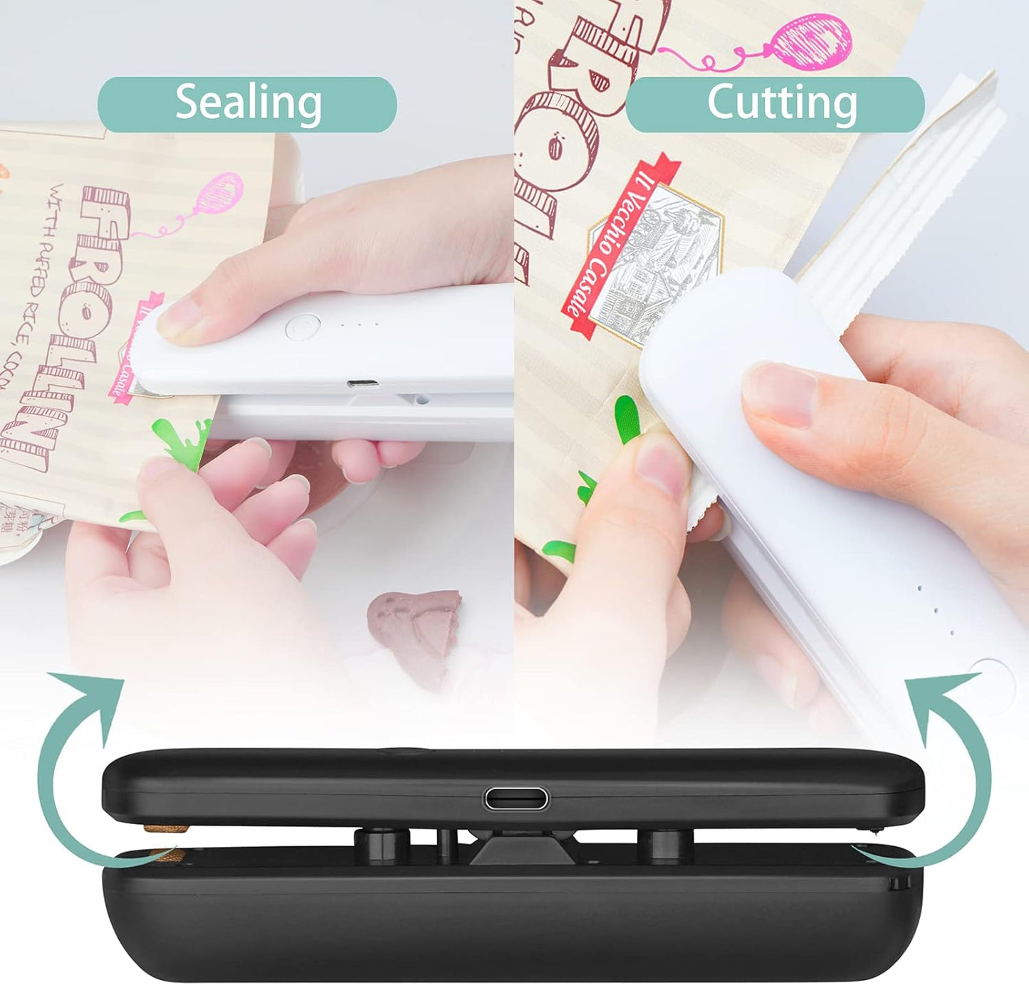 Mini Bag Sealer Rechargeable, Handheld Portable Bag Heat Resealer Vacuum Machine with 3 Sealing Temperature for Snack Cookie Candy Chips Plastic Bags