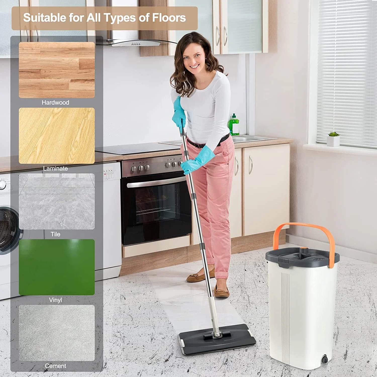 Flat Mop and Bucket with Wringer Set, Separates Dirty and Clean Water, 3-Chamber Mop Wet and Dry Use, for Floor Cleaning, 4 Reusable Microfiber Mop Pads Included