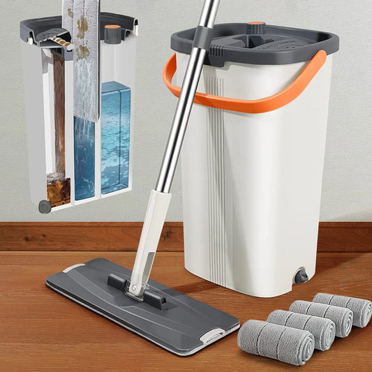 Flat Mop and Bucket with Wringer Set, Separates Dirty and Clean Water, 3-Chamber Mop Wet and Dry Use, for Floor Cleaning, 4 Reusable Microfiber Mop Pads Included