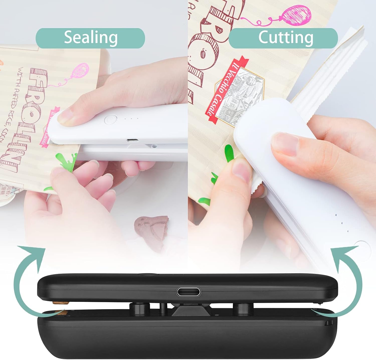 Mini Bag Sealer Rechargeable, Handheld Portable Bag Heat Resealer Vacuum Machine with 3 Sealing Temperature for Snack Cookie Candy Chips Plastic Bags