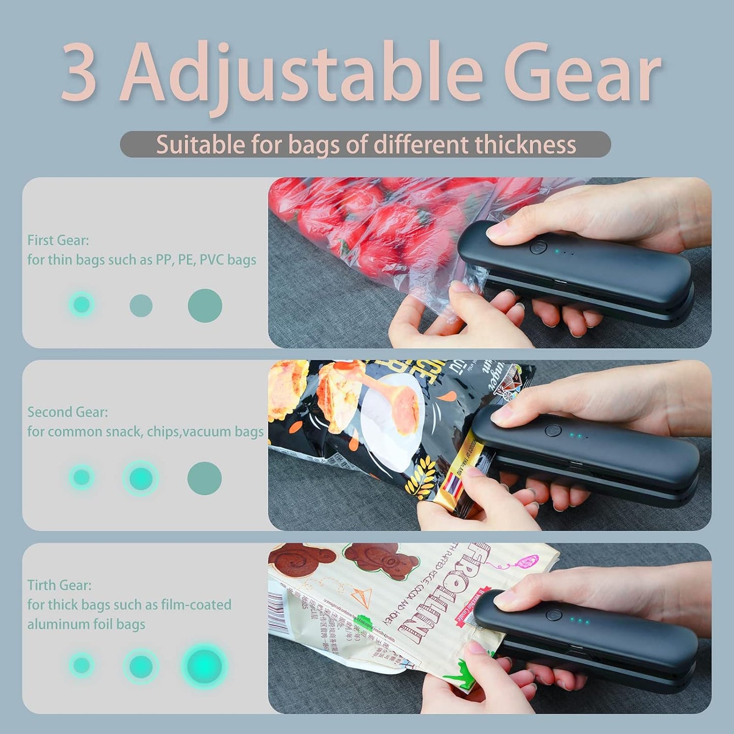 Mini Bag Sealer Rechargeable, Handheld Portable Bag Heat Resealer Vacuum Machine with 3 Sealing Temperature for Snack Cookie Candy Chips Plastic Bags