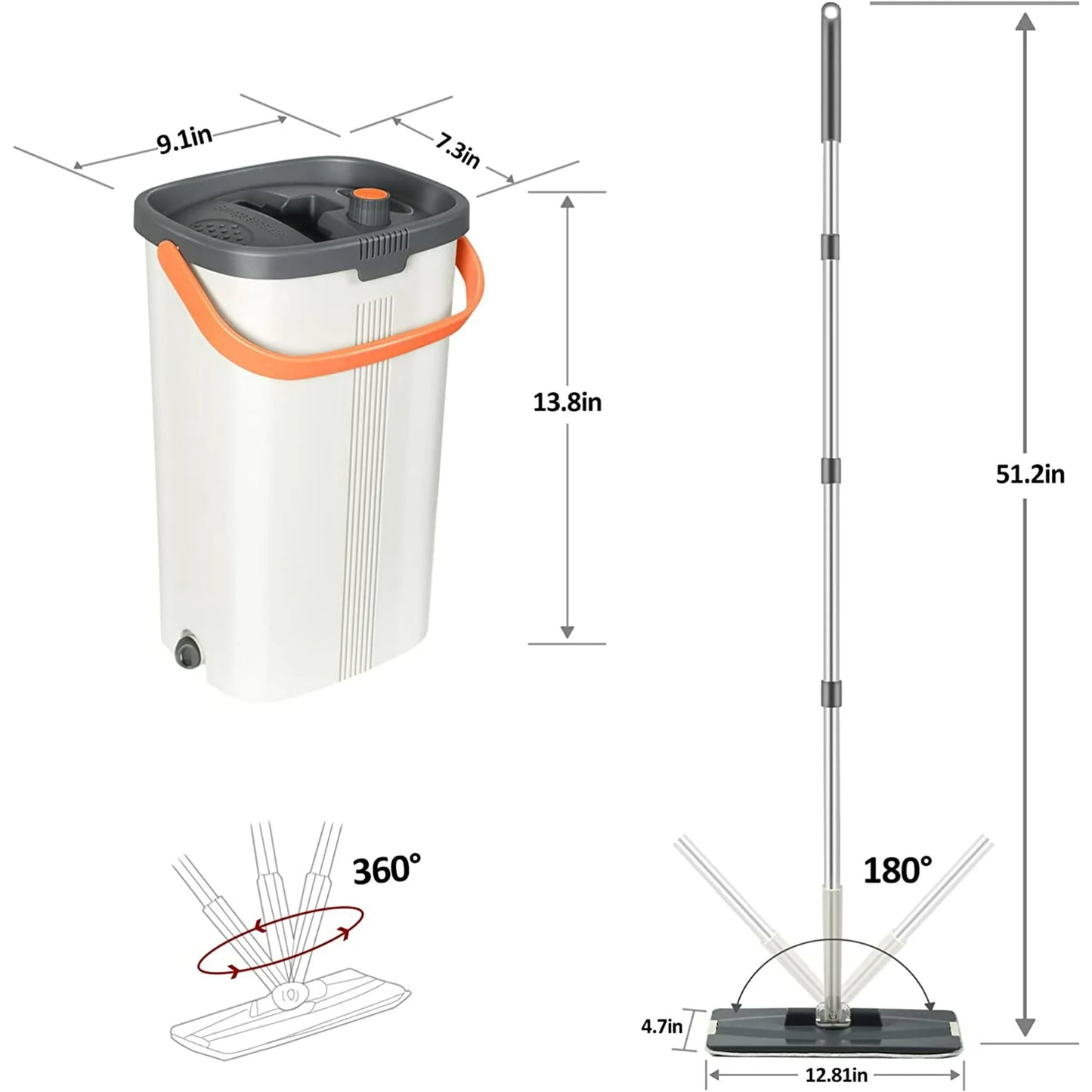 Flat Mop and Bucket with Wringer Set, Separates Dirty and Clean Water, 3-Chamber Mop Wet and Dry Use, for Floor Cleaning, 4 Reusable Microfiber Mop Pads Included