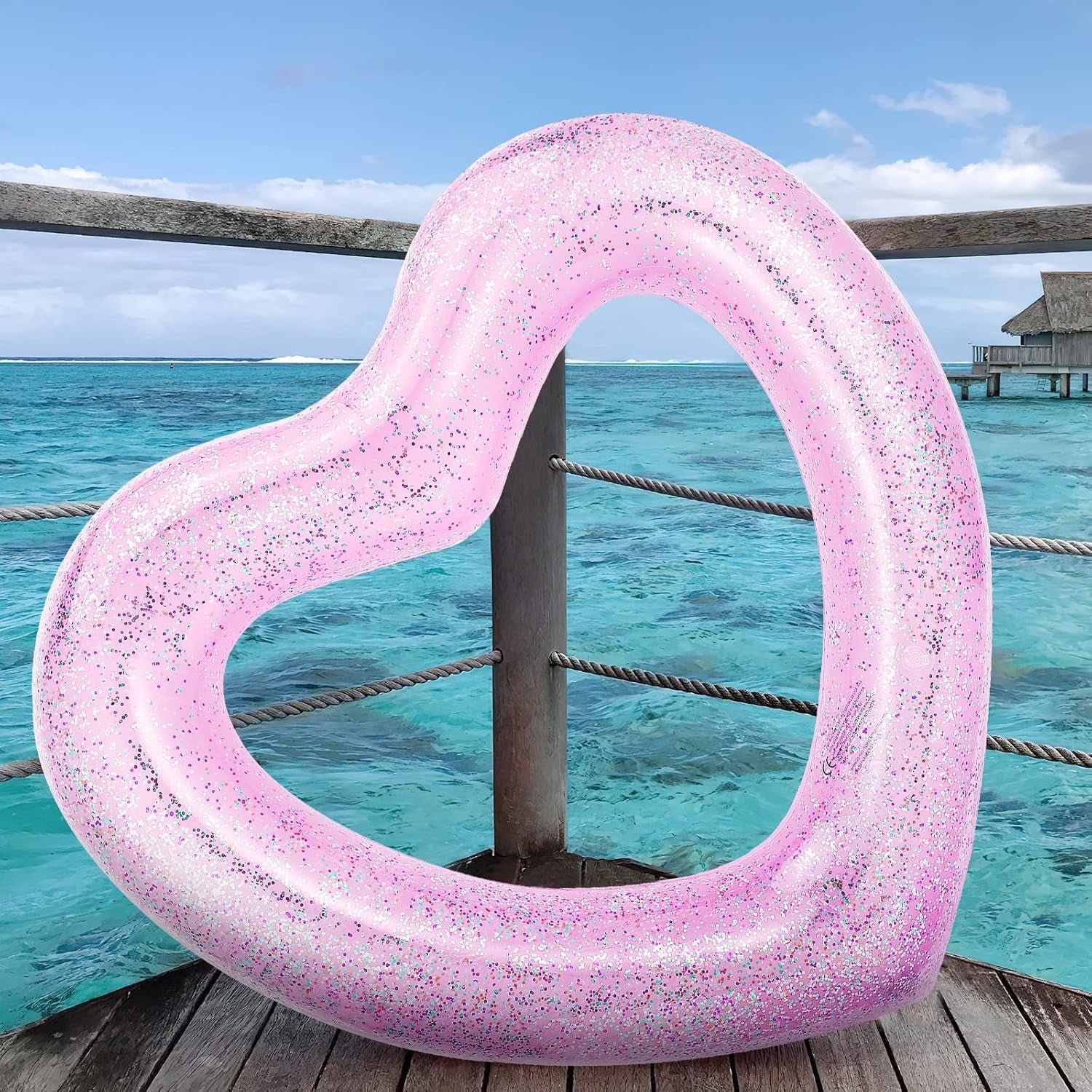 Pool Floats, Adult Size Heart Inflatable Pool Floatie for Bachelorette Party, Swim Tube Rings, River Lake Beach Floaty, Wedding Bride Valentine Fun Toy Raft Lounge for Kids, Glitter Pink