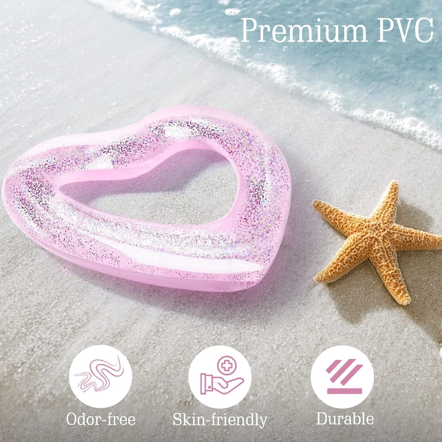 Pool Floats, Adult Size Heart Inflatable Pool Floatie for Bachelorette Party, Swim Tube Rings, River Lake Beach Floaty, Wedding Bride Valentine Fun Toy Raft Lounge for Kids, Glitter Pink