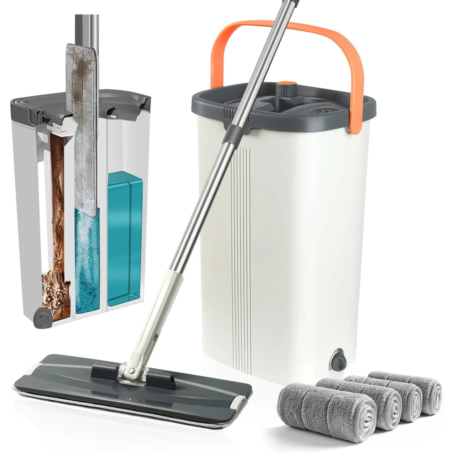 Flat Mop and Bucket with Wringer Set, Separates Dirty and Clean Water, 3-Chamber Mop Wet and Dry Use, for Floor Cleaning, 4 Reusable Microfiber Mop Pads Included