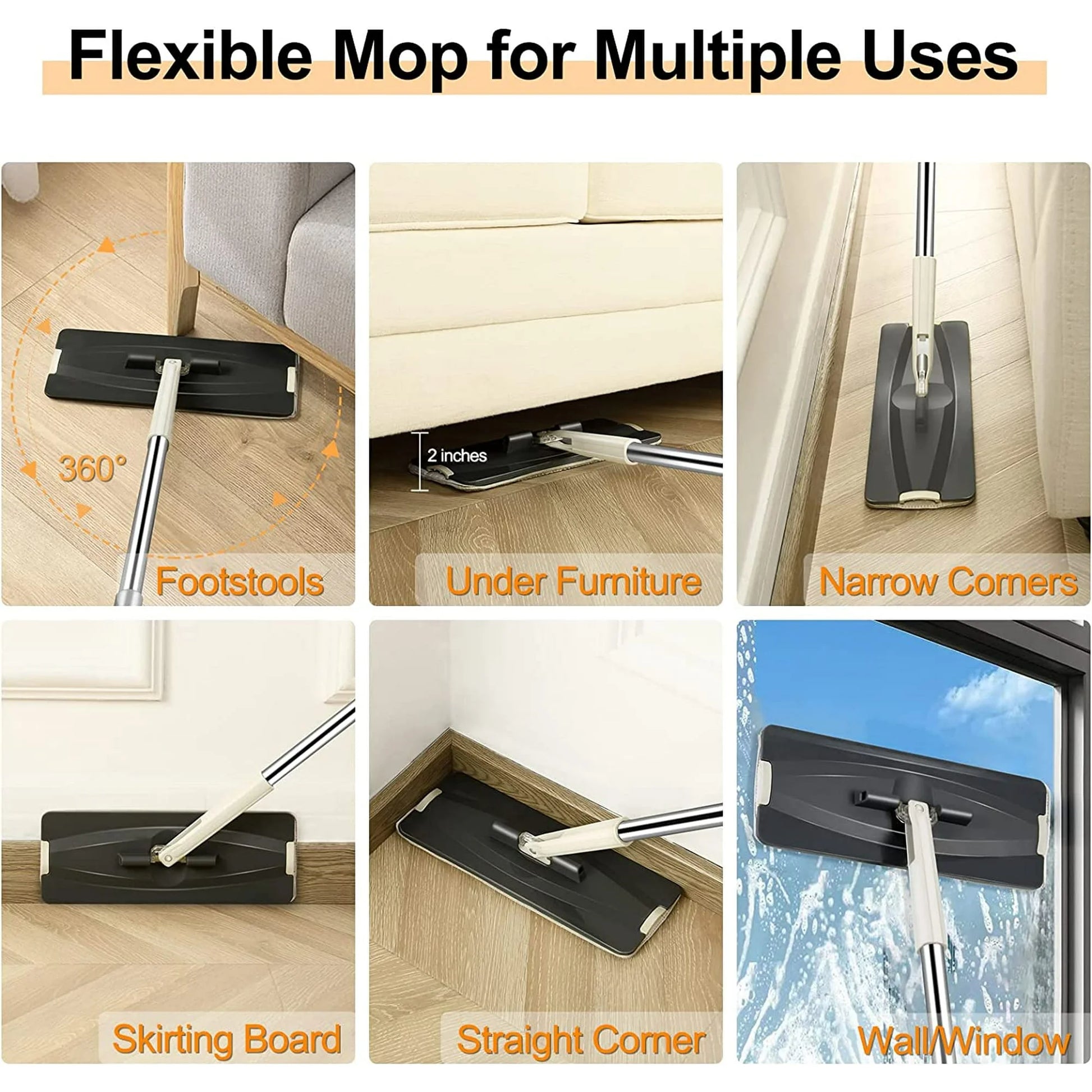 Flat Mop and Bucket with Wringer Set, Separates Dirty and Clean Water, 3-Chamber Mop Wet and Dry Use, for Floor Cleaning, 4 Reusable Microfiber Mop Pads Included