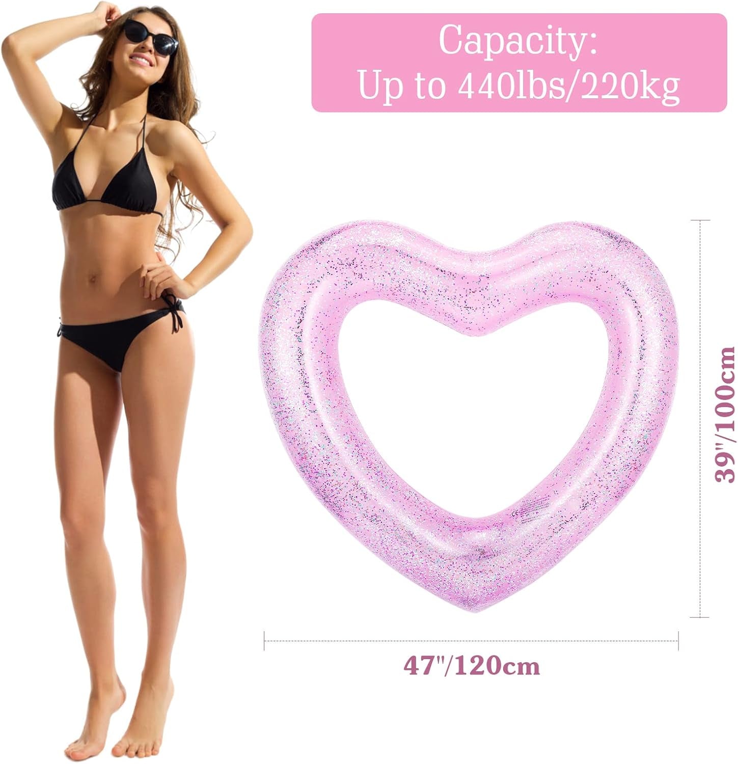 Pool Floats, Adult Size Heart Inflatable Pool Floatie for Bachelorette Party, Swim Tube Rings, River Lake Beach Floaty, Wedding Bride Valentine Fun Toy Raft Lounge for Kids, Glitter Pink