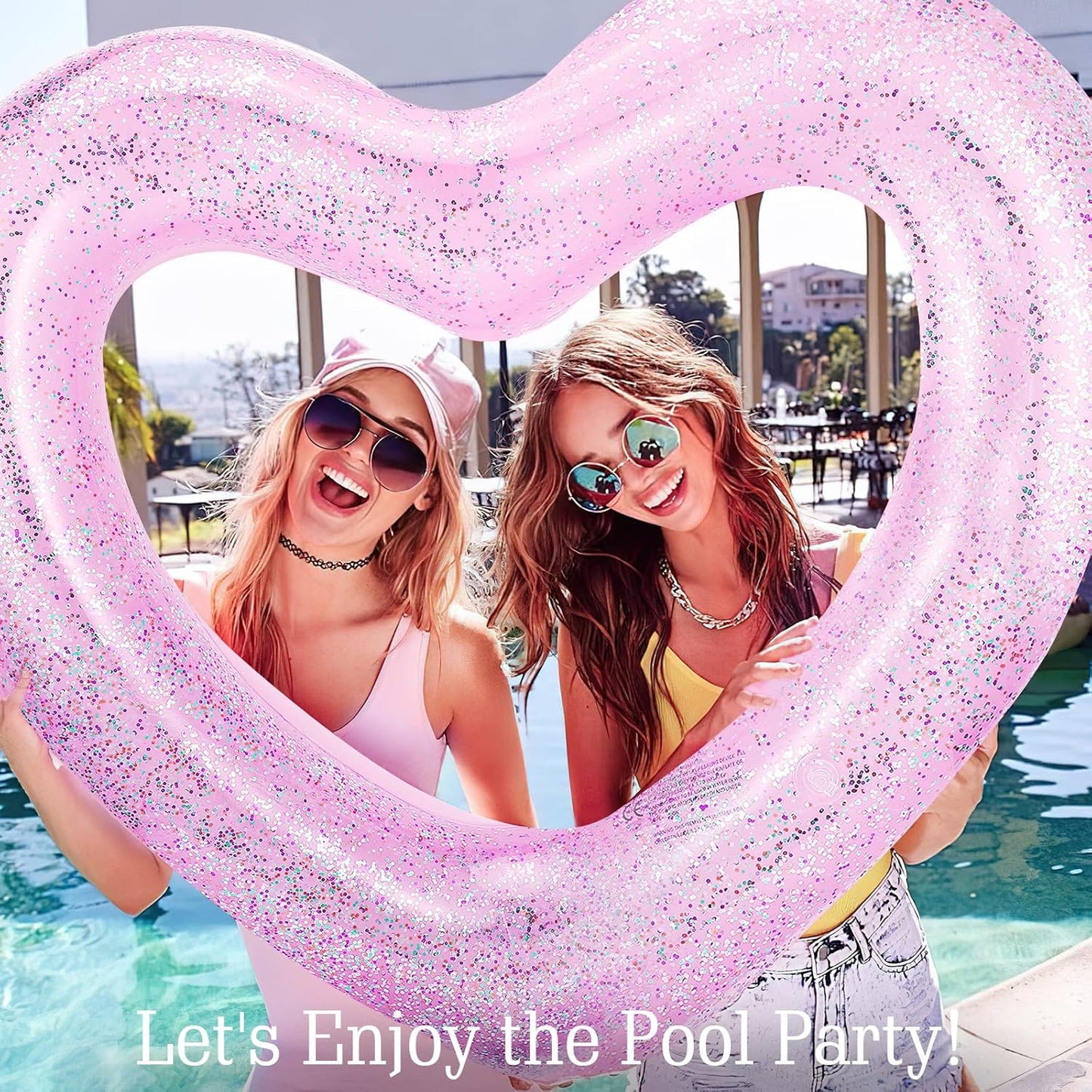 Pool Floats, Adult Size Heart Inflatable Pool Floatie for Bachelorette Party, Swim Tube Rings, River Lake Beach Floaty, Wedding Bride Valentine Fun Toy Raft Lounge for Kids, Glitter Pink