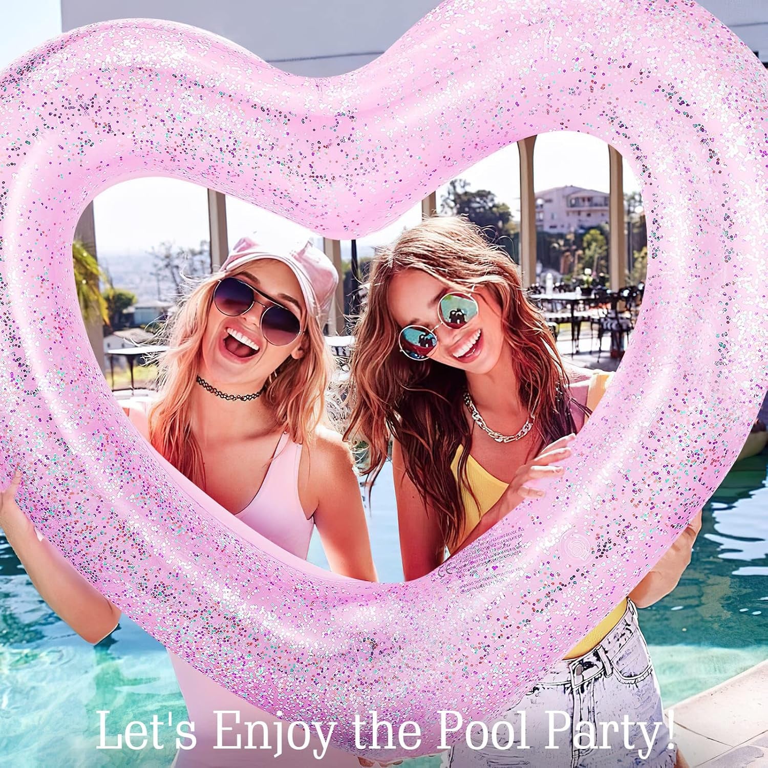 Pool Floats, Adult Size Heart Inflatable Pool Floatie for Bachelorette Party, Swim Tube Rings, River Lake Beach Floaty, Wedding Bride Valentine Fun Toy Raft Lounge for Kids, Glitter Pink